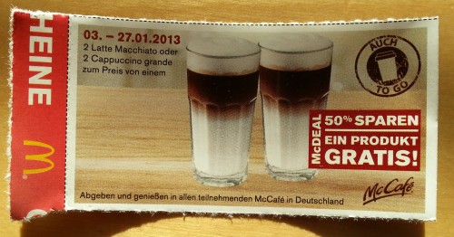McCafé-Gutschein 2-für-1: Zum Preis eines Latte macchiato oder Cappuccino in der Größe "Grande" gibt es einen zweiten dazu.